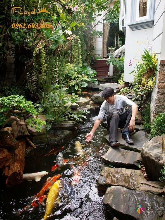 在私家花園庭院設計有一個魚塘荷花池，整個庭院都活了